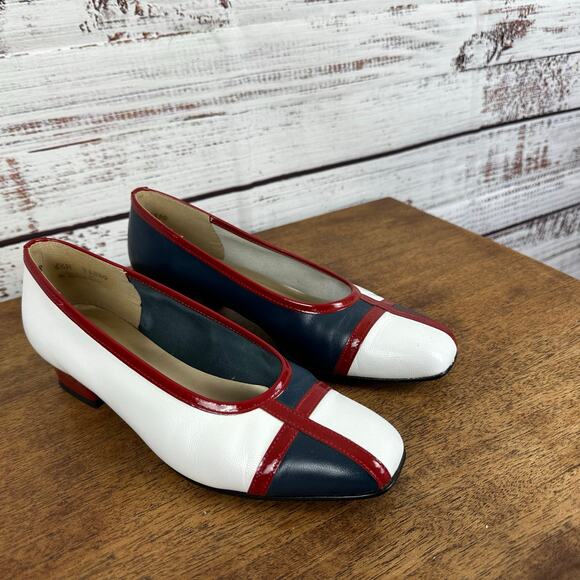Womens VTG California Magdesians Red White Blue Colorbock Kitten Pumps 6.5M - Picture 1 of 13